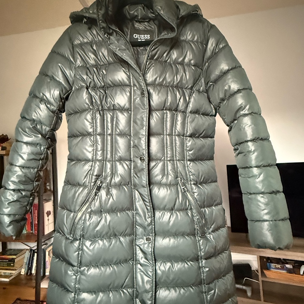 Guess Women's Metallic Teal/Green/Gray Puffer Coat